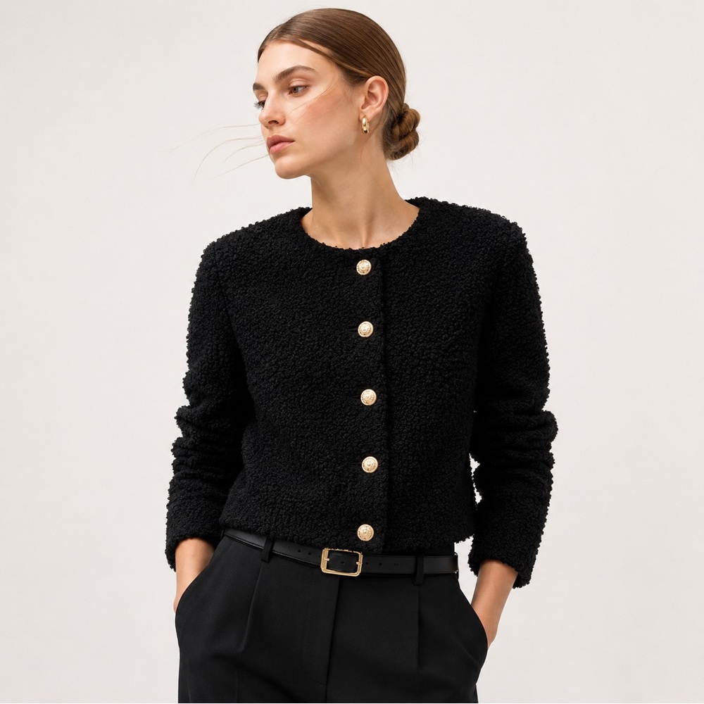 H&M Black Teddy Bouclé Jacket with Gold Buttons